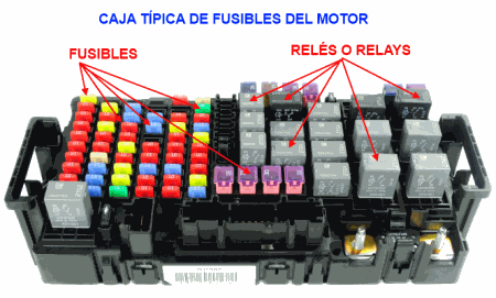 Caja de fusibles típica en el compartimiento del motor